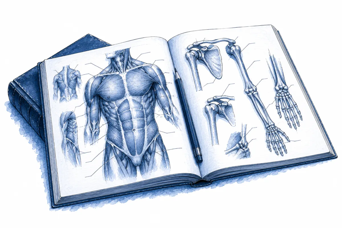 Odprt anatomski atlas na mizi, poleg skicirka, roka riše po njem.